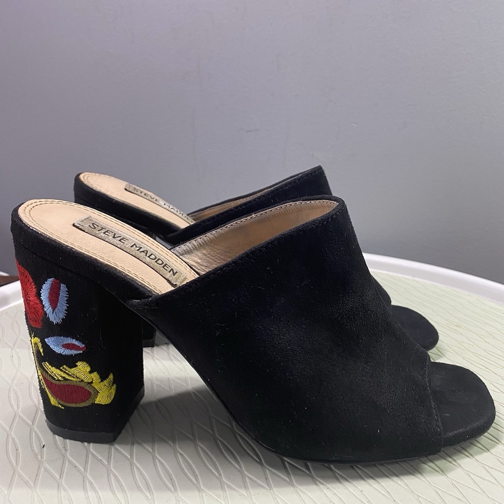 Steve‎ Madden women black suede EMBROIDERED heel Mule/Clog sandal Sz.40-US 8.5/9
